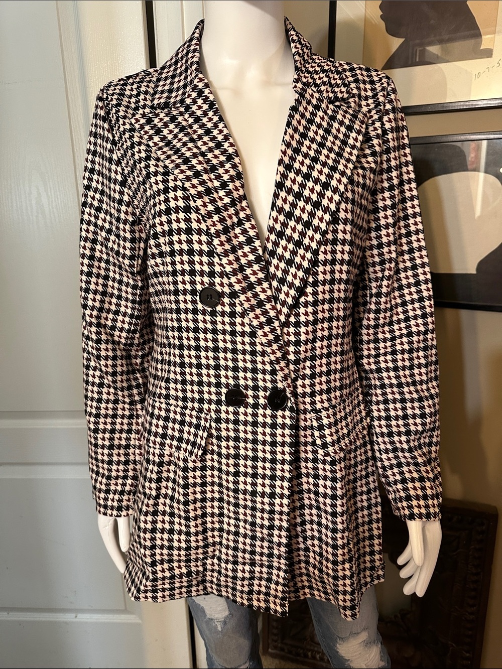 Double-Breasted Houndstooth Blazer Jacket - Maroon & Black